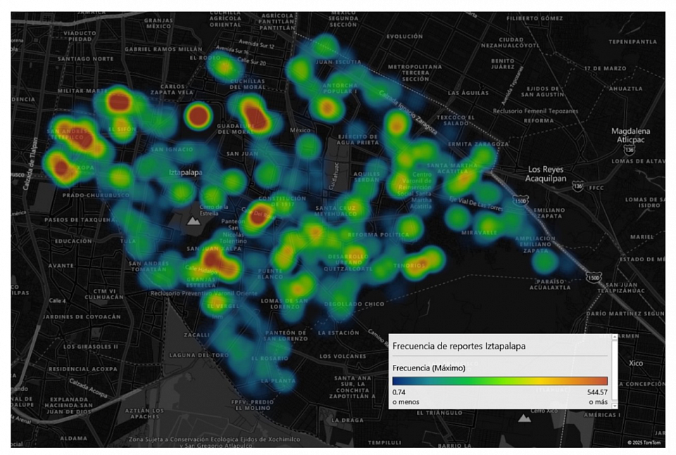 Mapa 1. Elaboración propia en Plugin de Excel. Distribución espacial de los reportes por falta de agua en Iztapalapa.   Fuente: SACMEX reportes de falta de agua, datos libres (2018-2024).